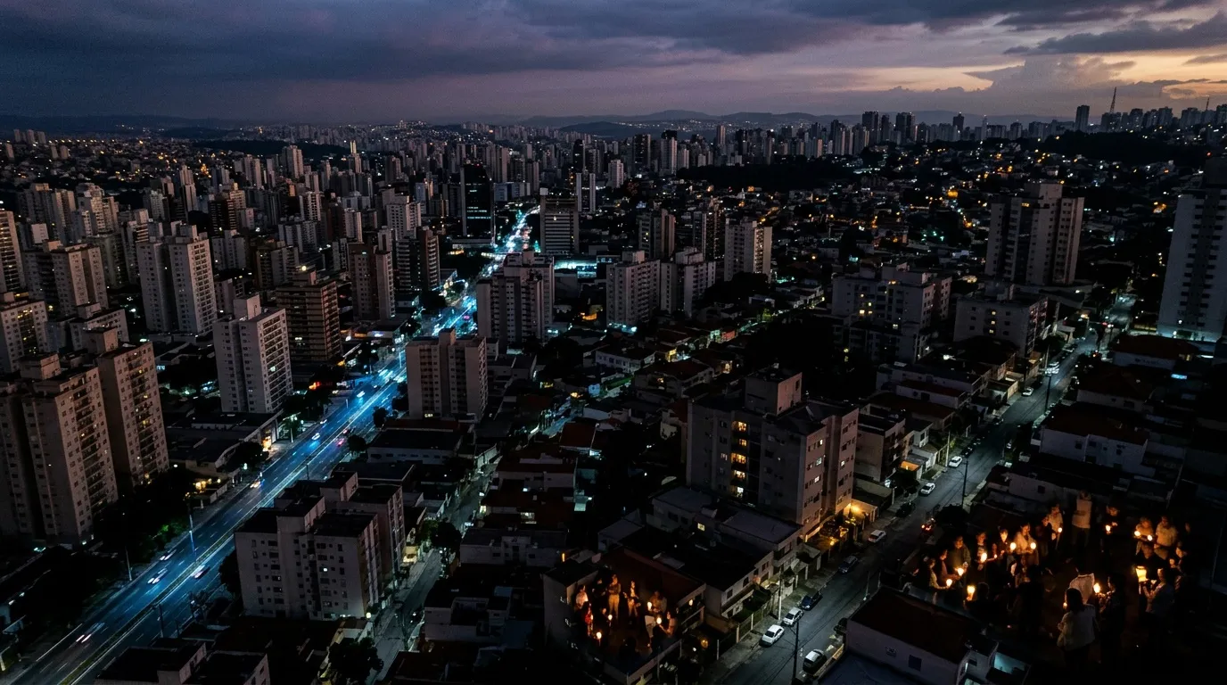 Vista aérea nocturna de ciudad brasileña con edificios iluminados
