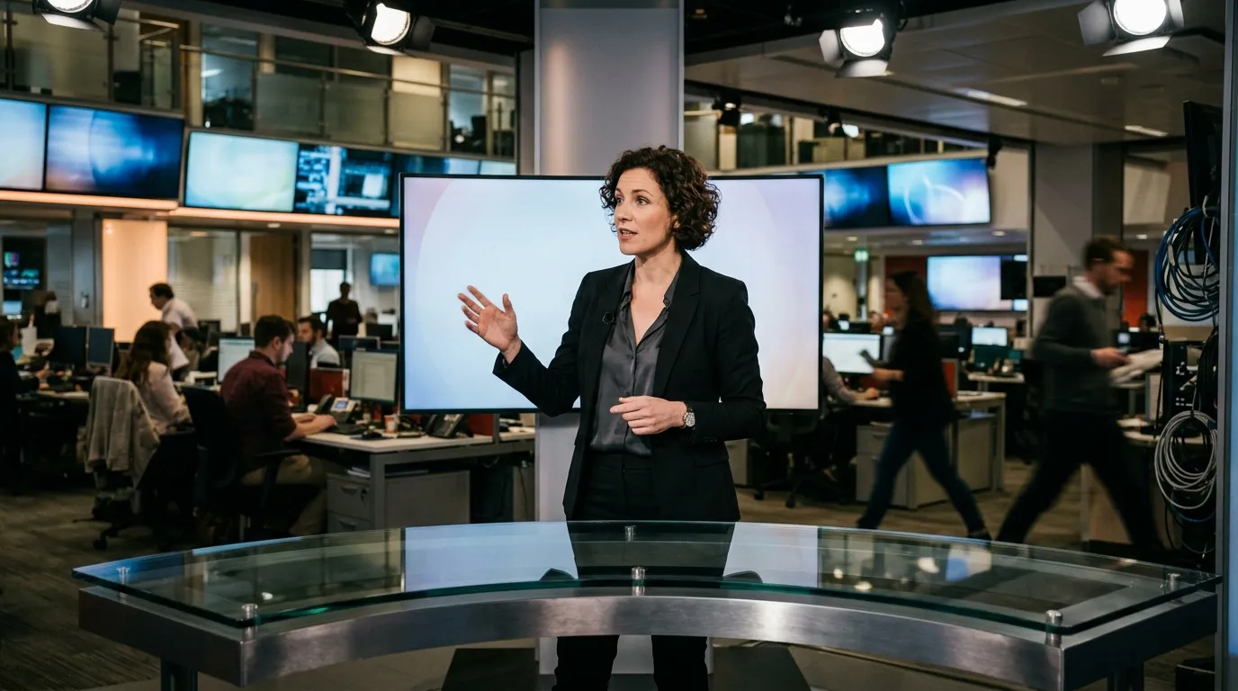 Mujer presentadora hablando en plató televisivo profesional