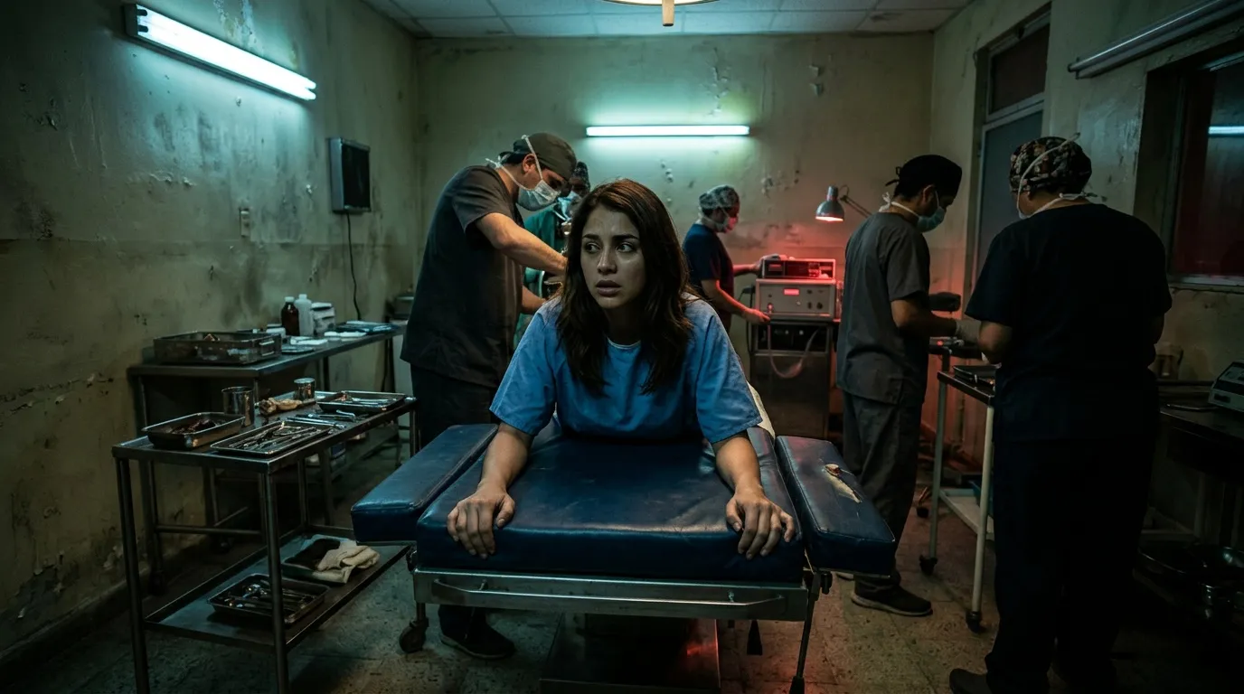 Mujer en camilla quirúrgica rodeada de personal médico