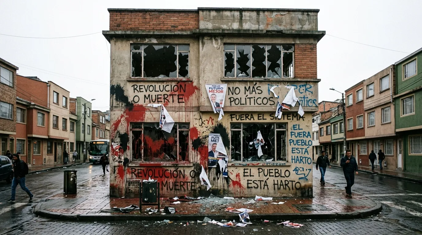Edificio deteriorado con graffiti polÃtico y pancartas de protesta.
