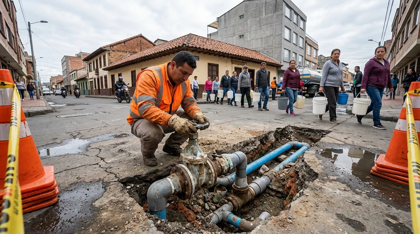Trabajador repara tuberías de agua en excavación urbana.