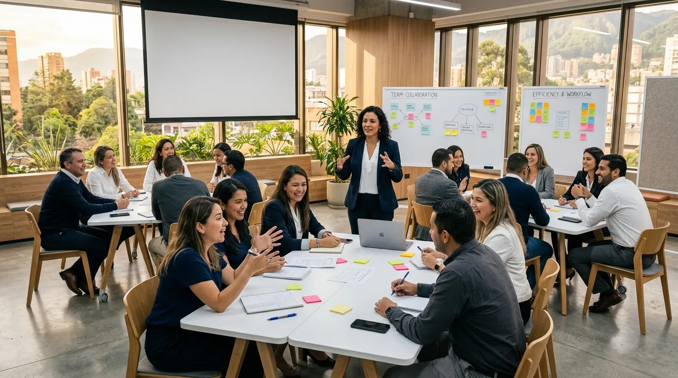 Grupo de profesionales en reunión de trabajo colaborativo moderno