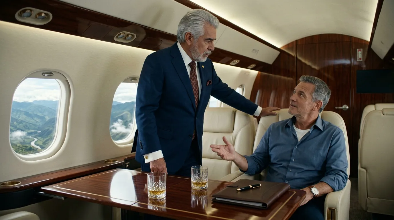 Dos hombres conversan en cabina ejecutiva de avión en vuelo
