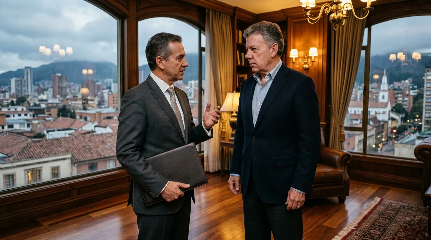 Dos hombres en traje conversando en una oficina con vista panorámica de ciudad