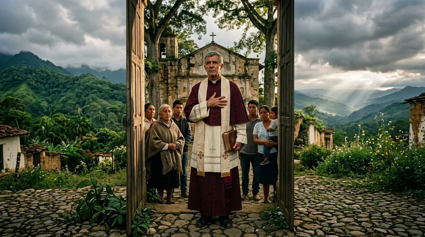Sacerdote celebra misa en iglesia montaña con feligreses