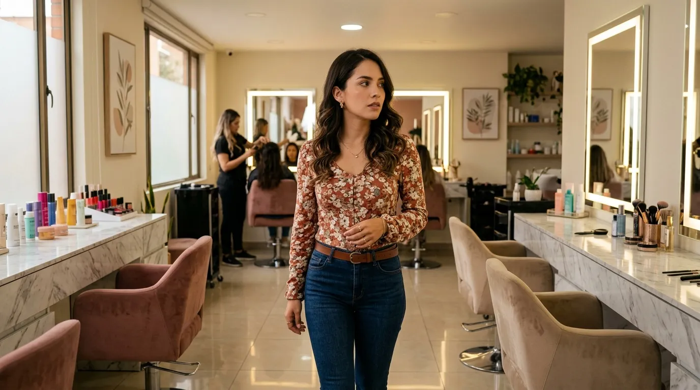 Mujer en salón de belleza con espejos y productos