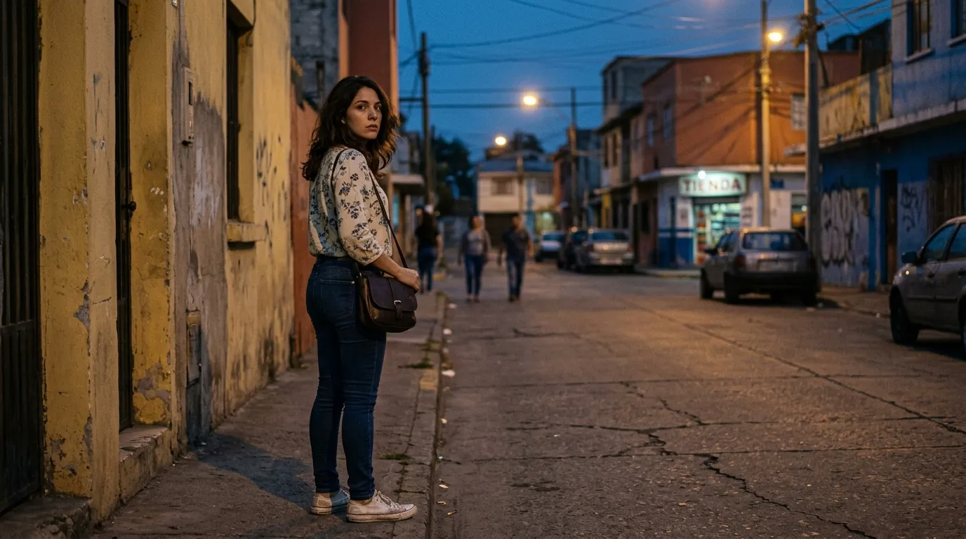 Mujer sola en calle oscura al atardecer, mirando hacia atrás.