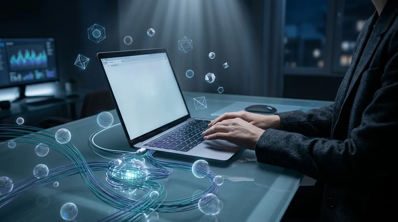 Profesional trabajando en laptop con iconos digitales hologrƔficos