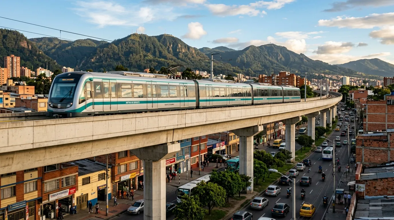 Tren elevado blanco y turquesa sobre viaducto en ciudad montañosa