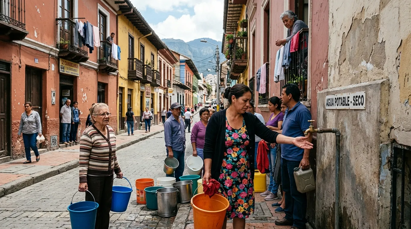 Personas llenan recipientes de agua potable en calle colonial