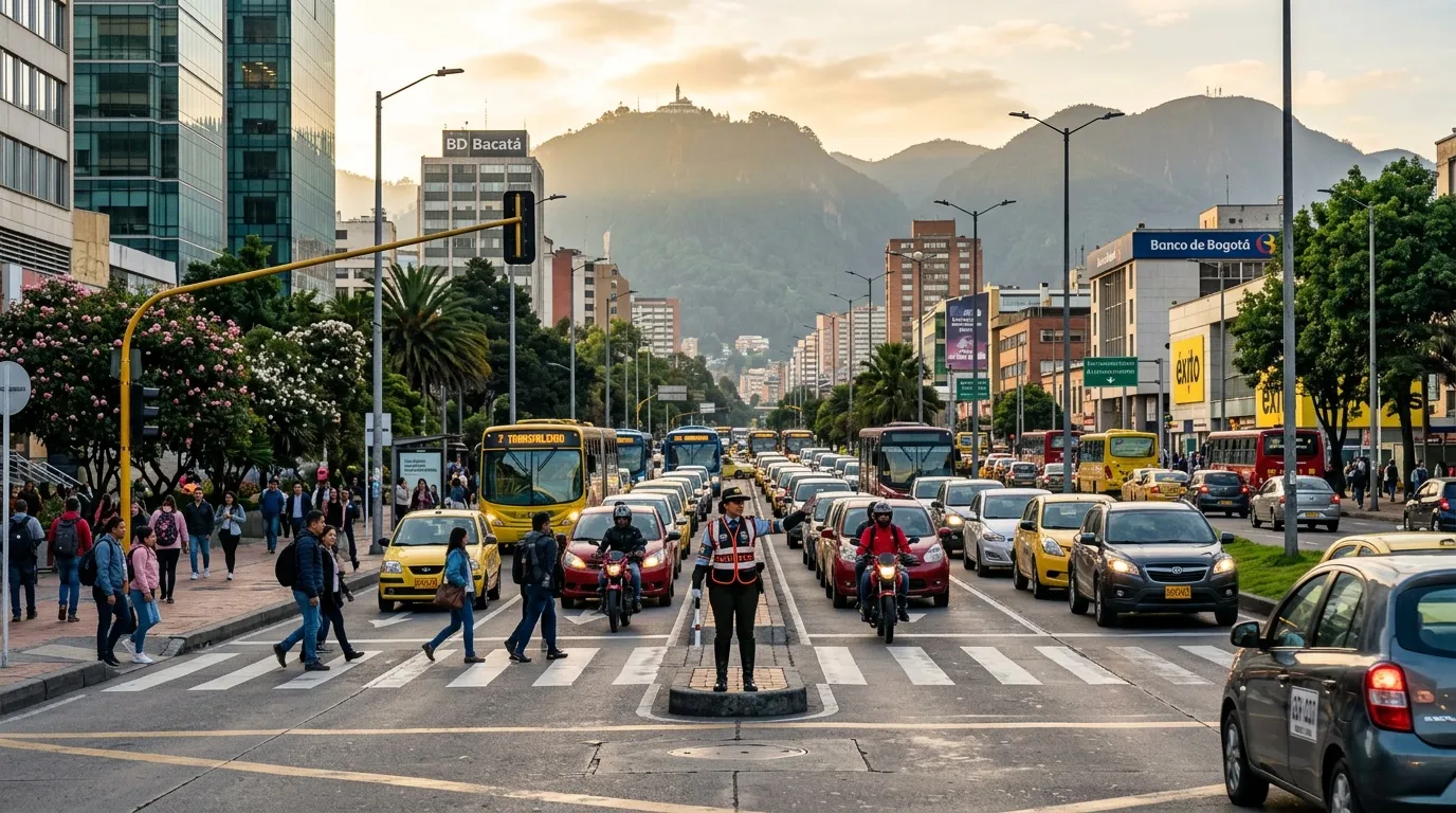 Calle concurrida de Bogotá con vehículos, peatones y montañas