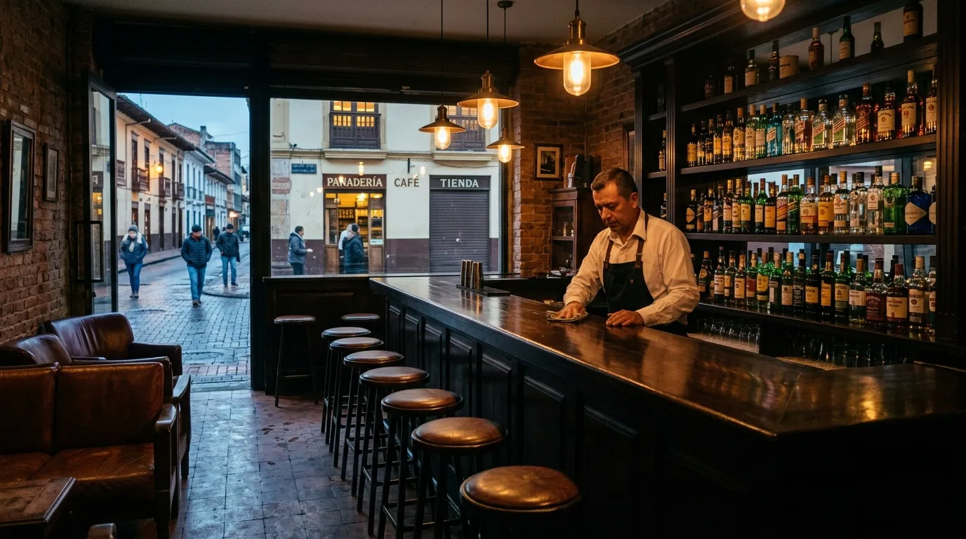Bartender en cantina colonial con botellas y taburetes de cuero