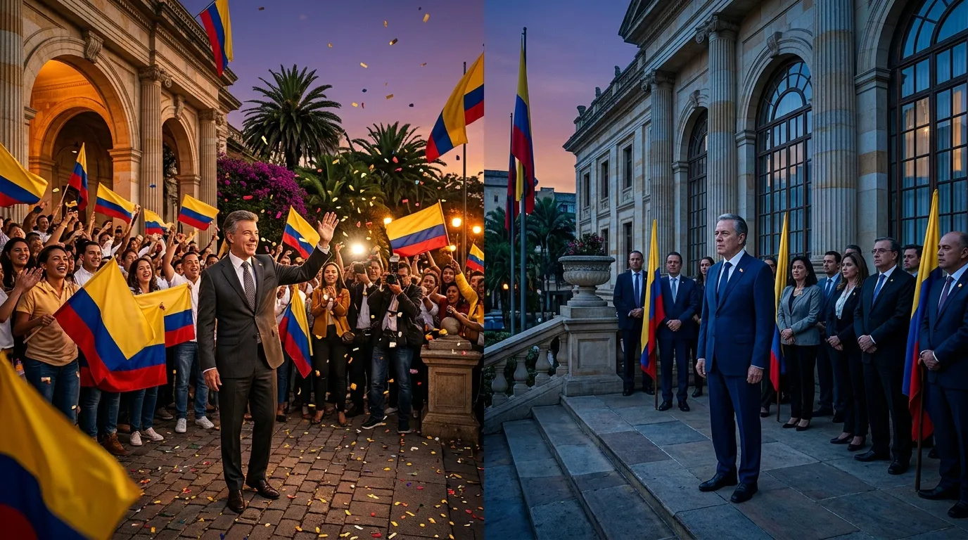 Oficial saludando multitud con banderas colombianas tricolor.