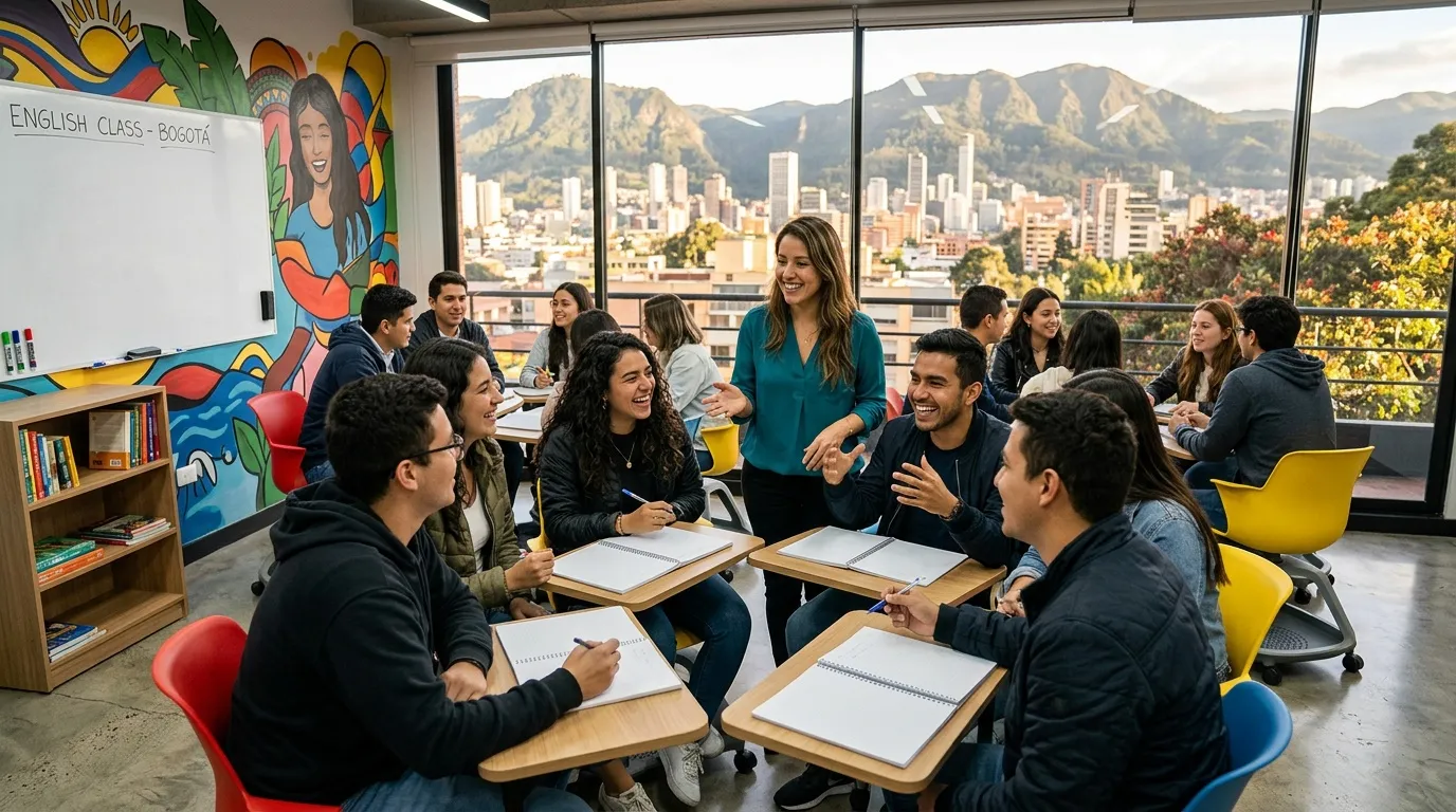 Estudiantes y profesor en clase interactiva con vista a BogotĆ”