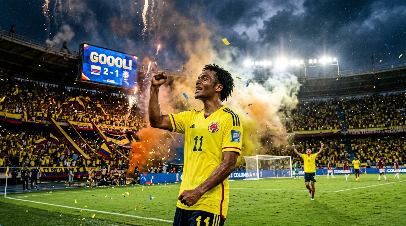 Jugador colombiano nĂşmero 11 celebra gol con fuegos artificiales