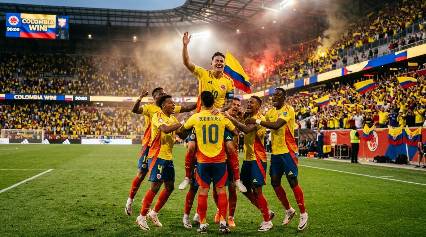 Jugadores colombianos celebran gol en estadio lleno