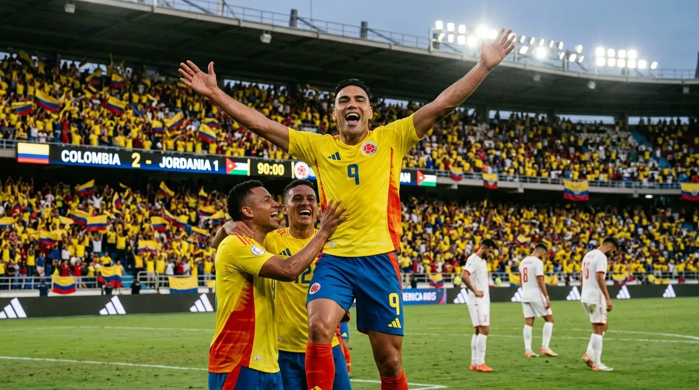 Jugadores colombianos celebran victoria 2-1 contra Jordania