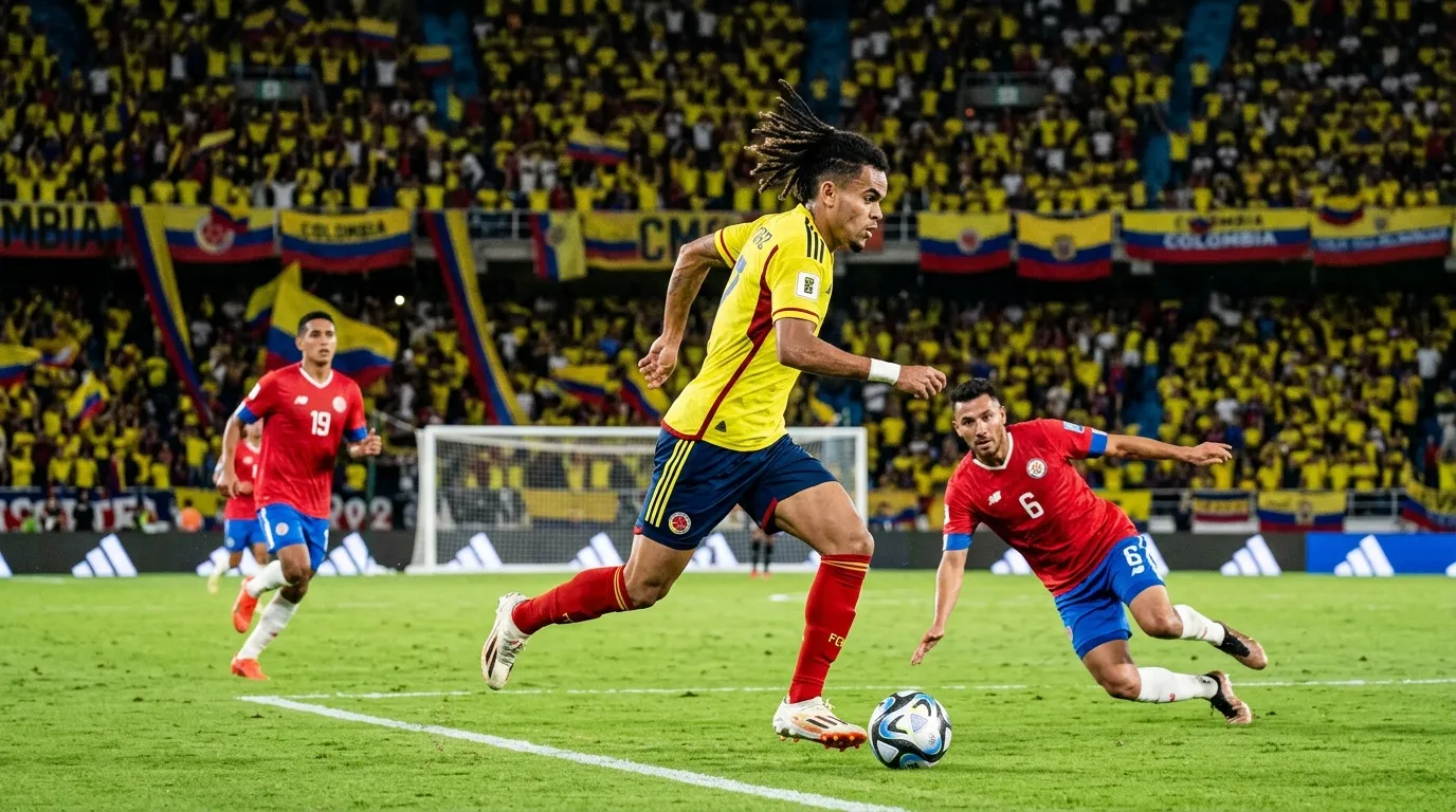Jugador colombiano en amarillo controla balón ante defensores costarricenses