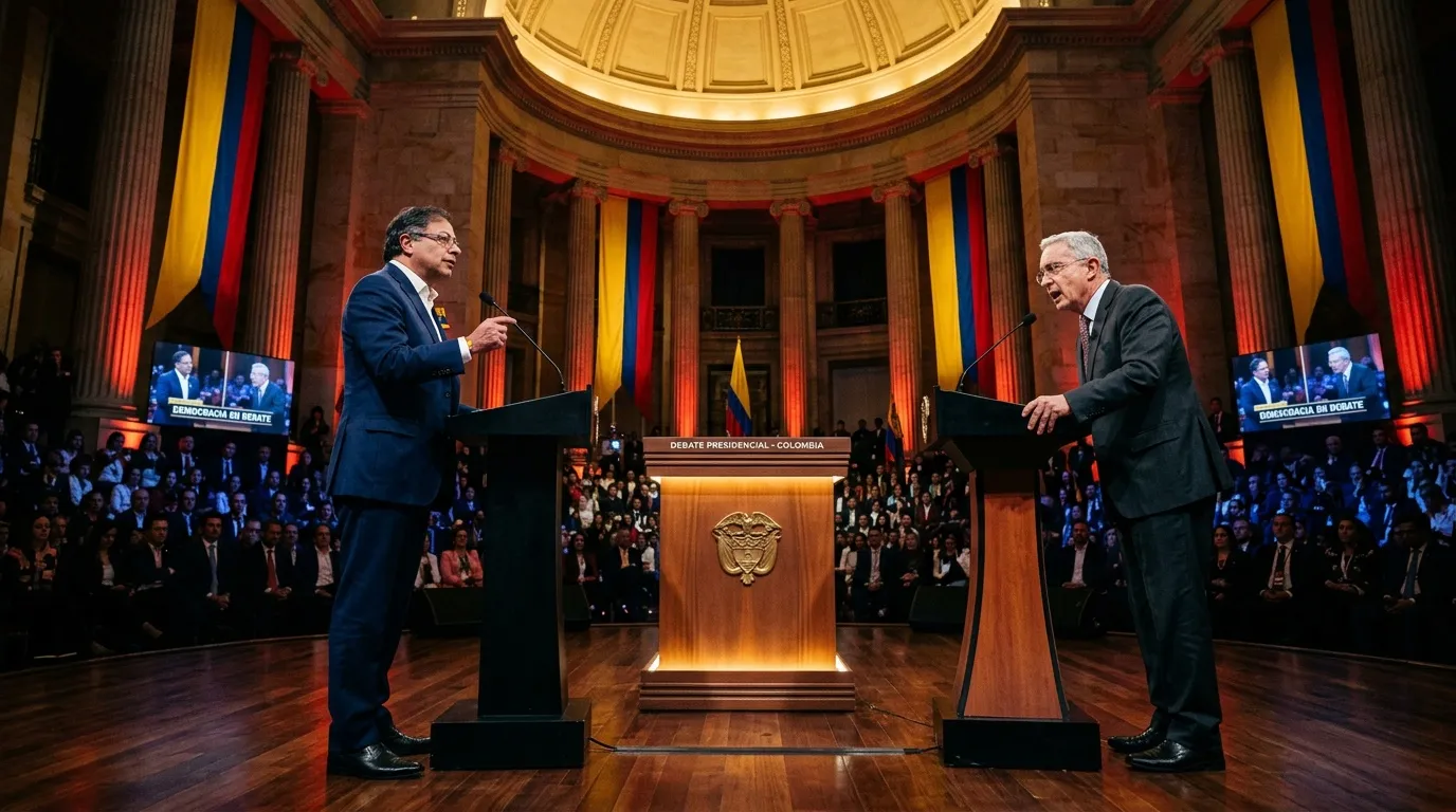 Dos candidatos debaten en hemiciclo con público y bandera colombiana