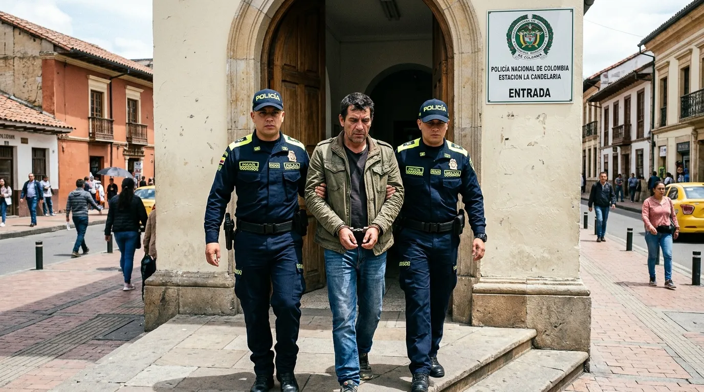 PolicÃas colombianos escoltan detenido en calle colonial bogotana