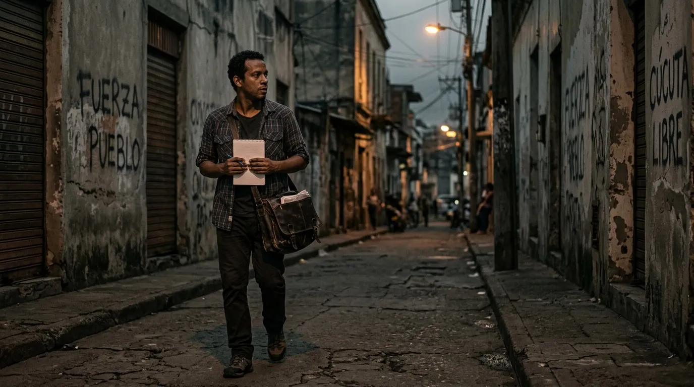Hombre sostiene tablet en callejĂłn urbano desgastado al atardecer.