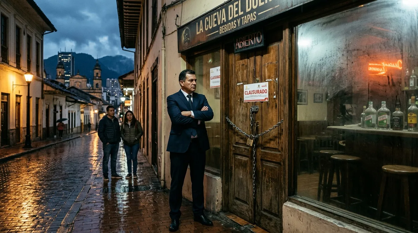 Hombre de traje frente a local cerrado en calle bogotana