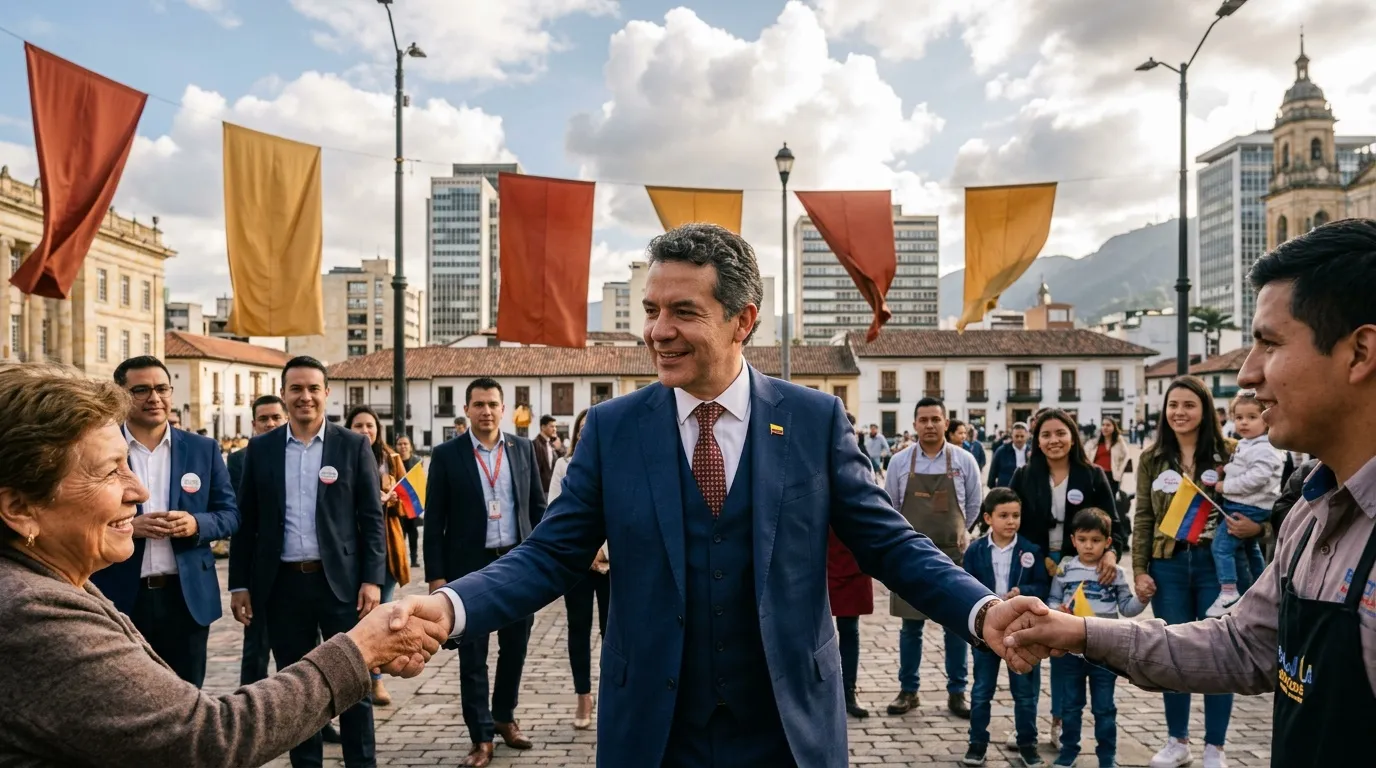 Hombre en traje azul saluda a ciudadanos en plaza con banderas tricolores