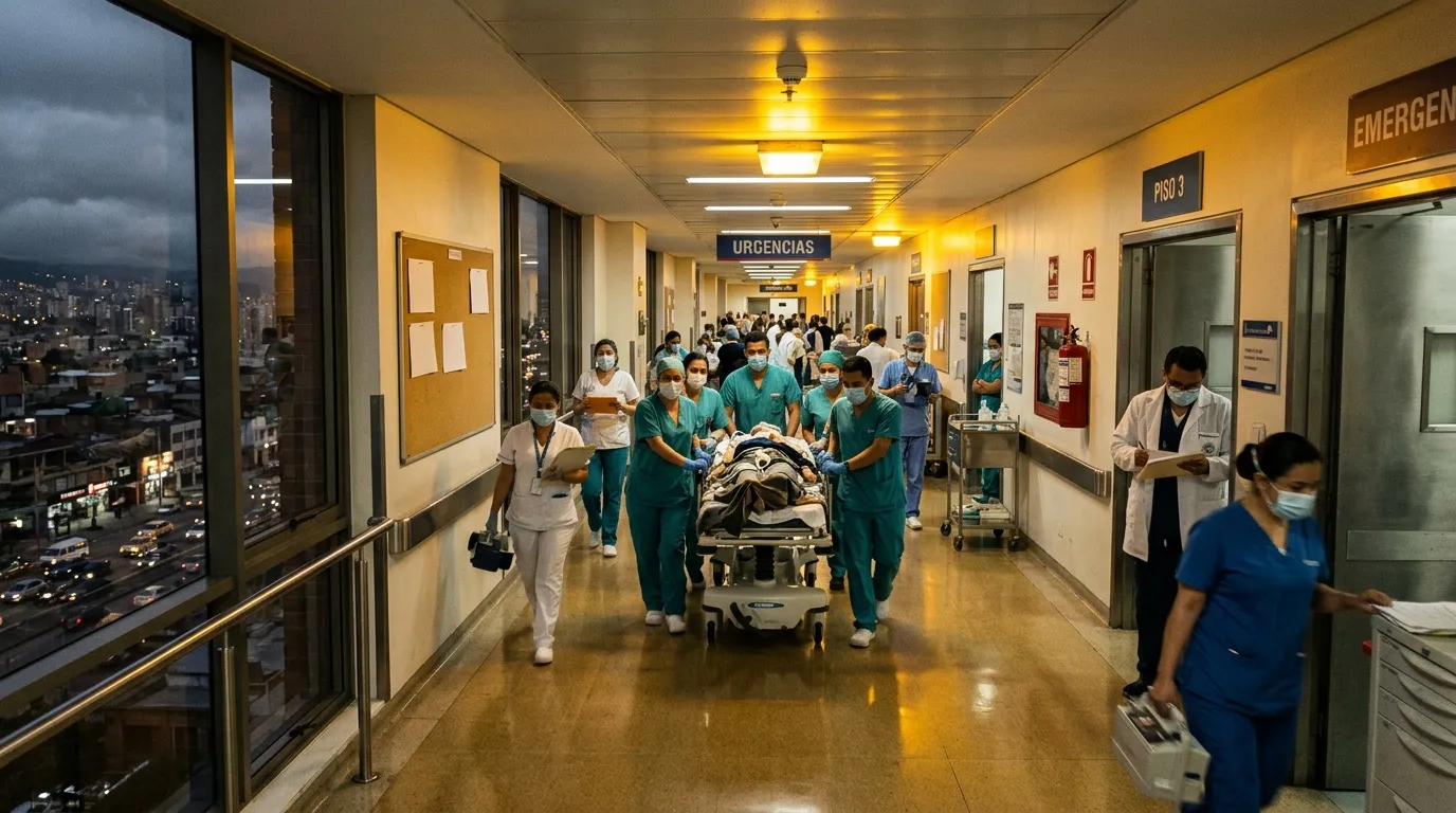 Médicos en uniforme transportan camilla por pasillo hospital