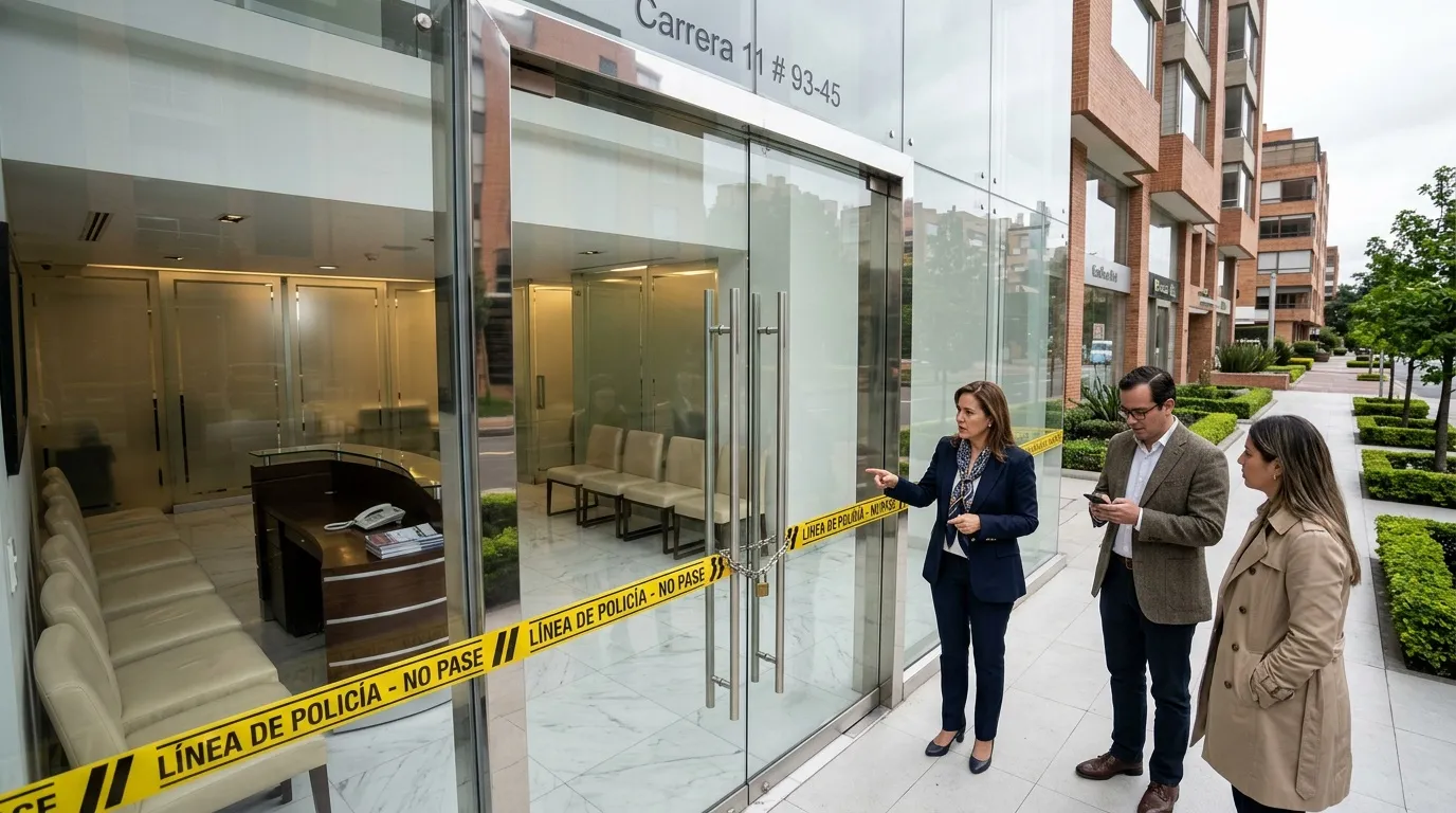 Tres personas observan oficina acordonada con cinta policial amarilla