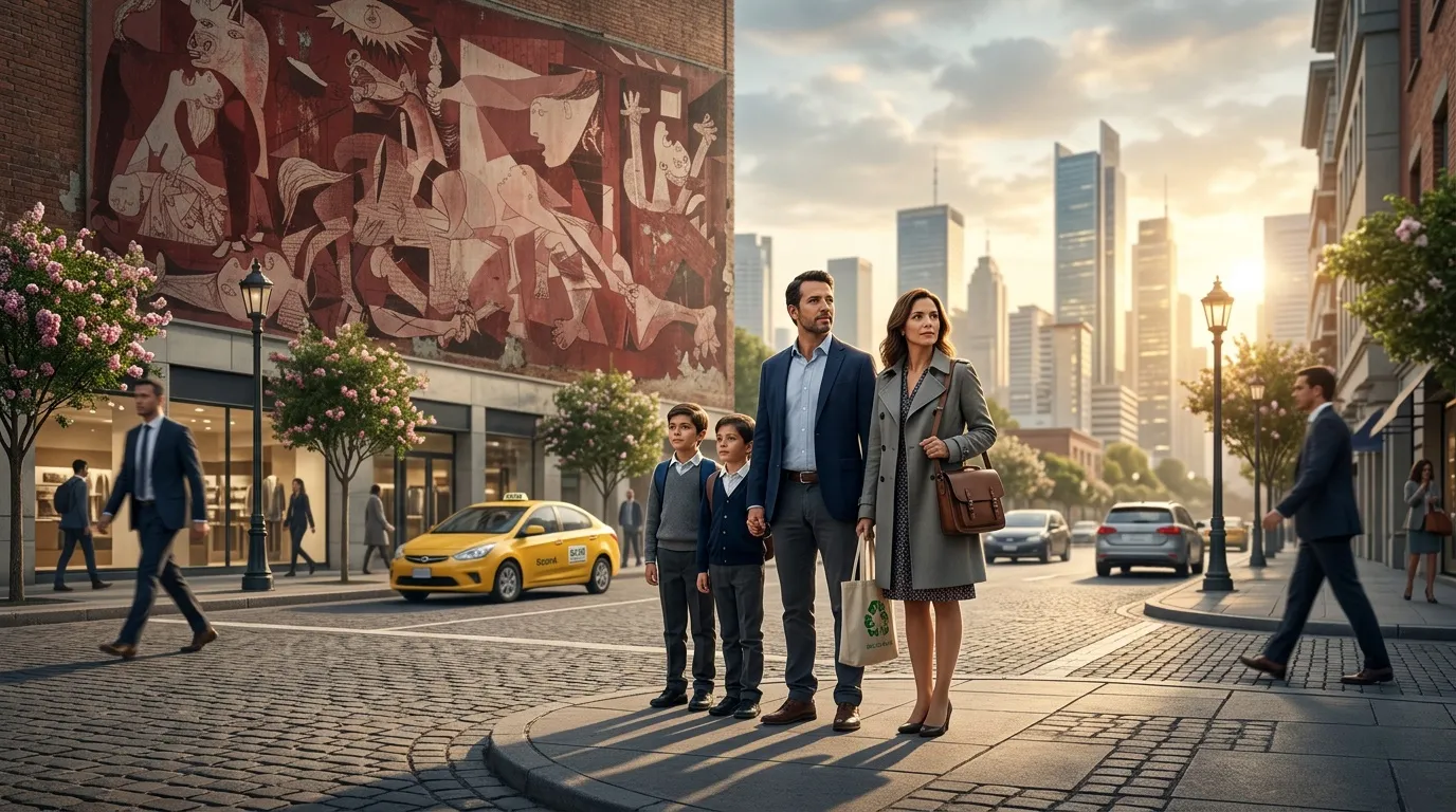 Familia caminando por calle citadina al atardecer con rascacielos