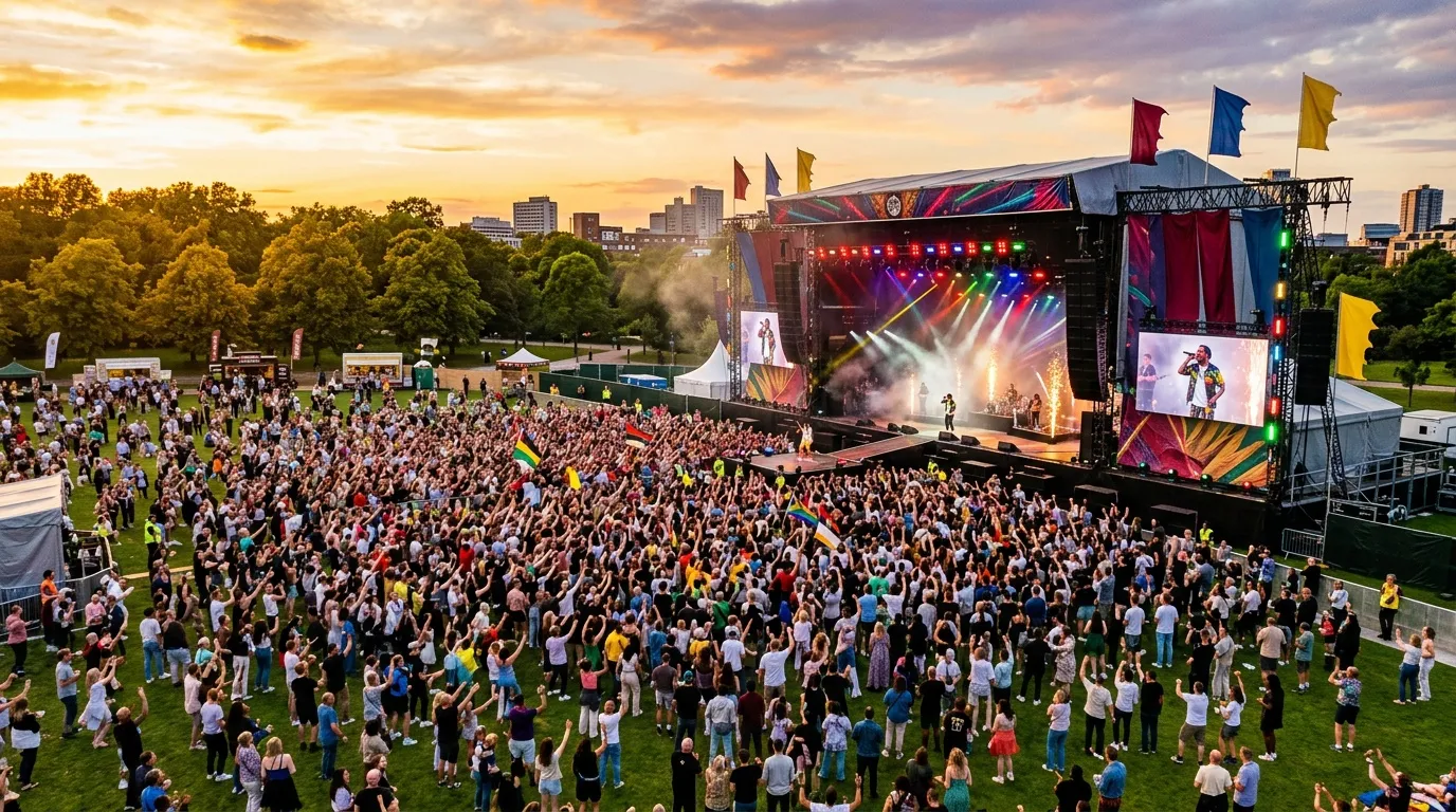 Multitud en festival musical al aire libre con escenario iluminado