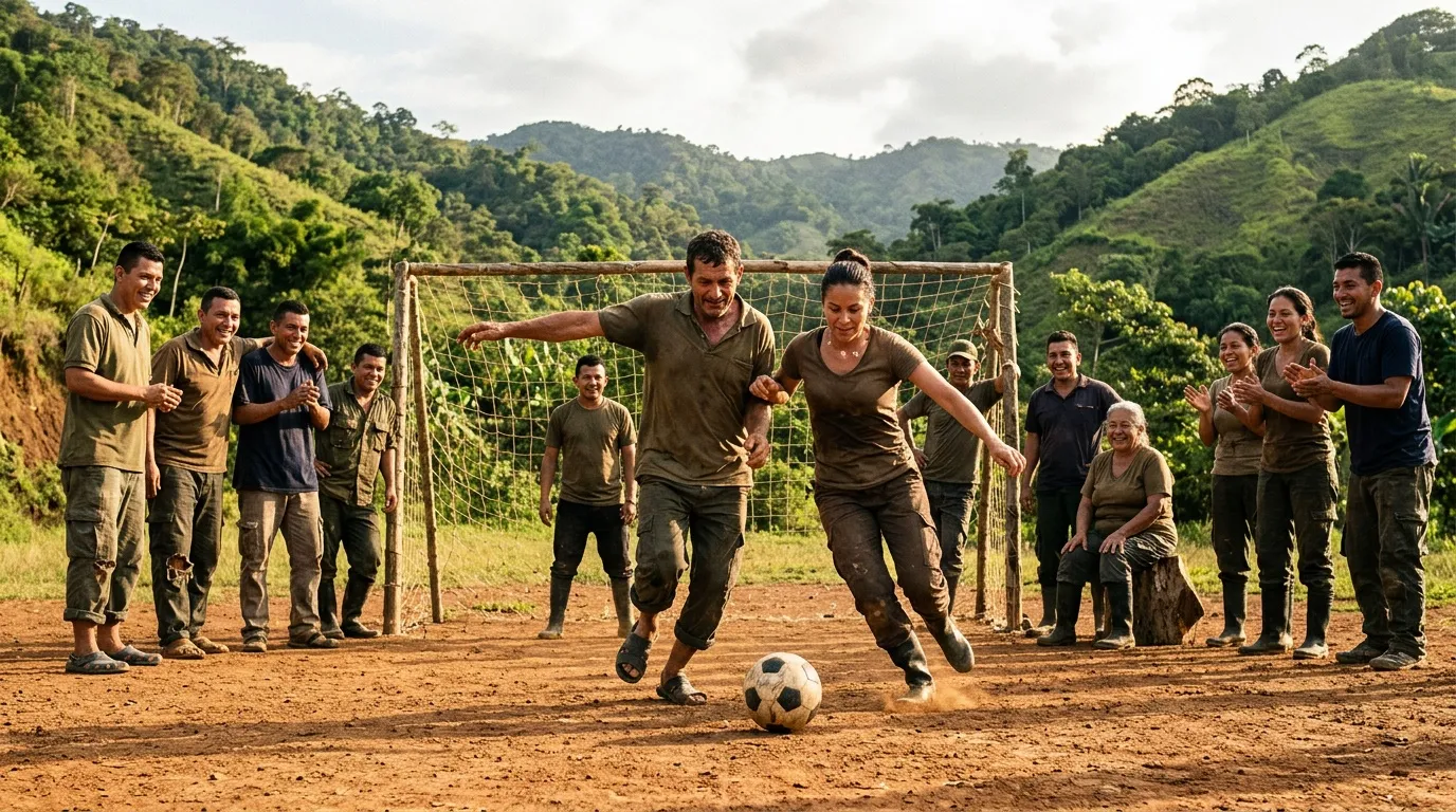 Grupo jugando fĂștbol en campo de tierra con montañas verdes