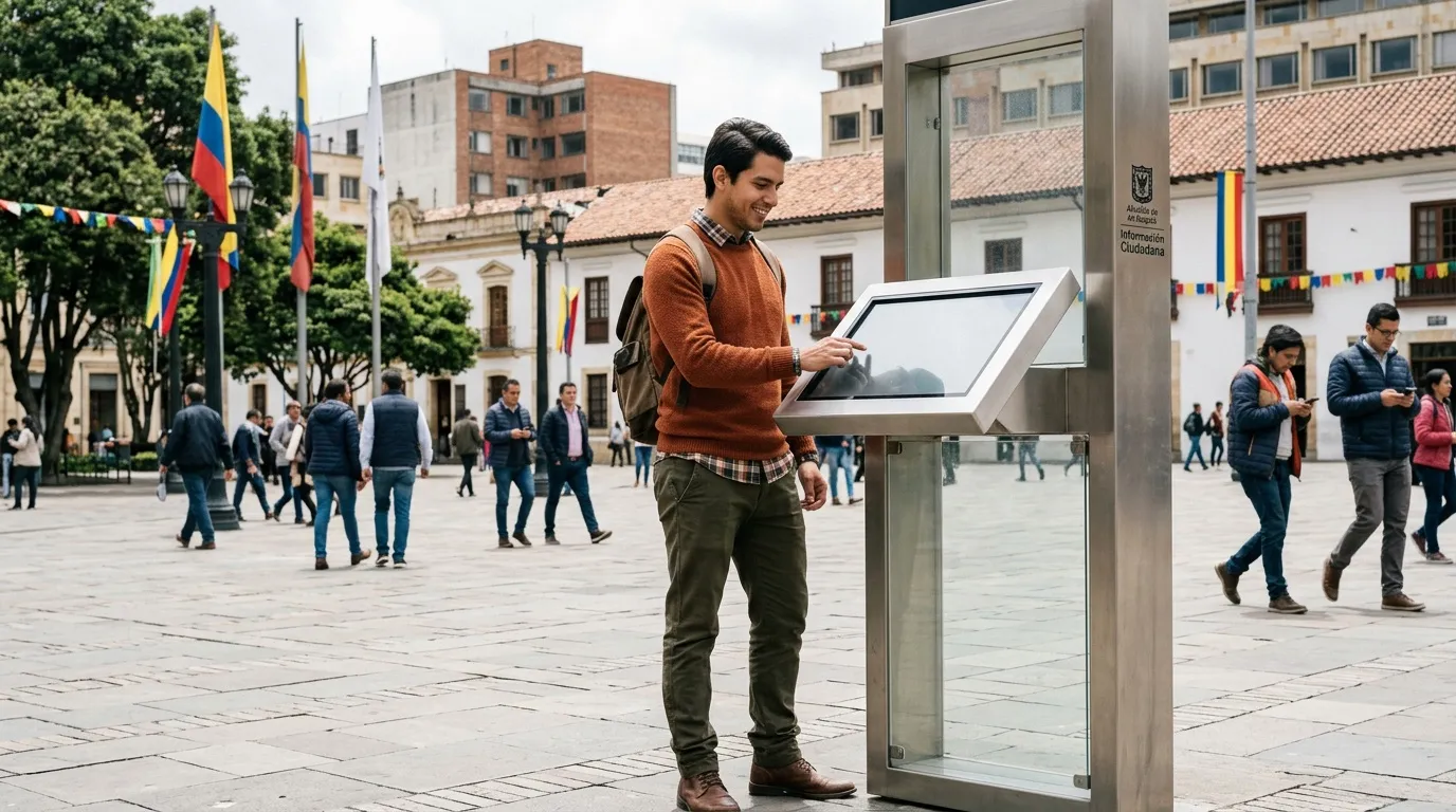 Hombre consultando pantalla táctil en plaza colonial bogotana