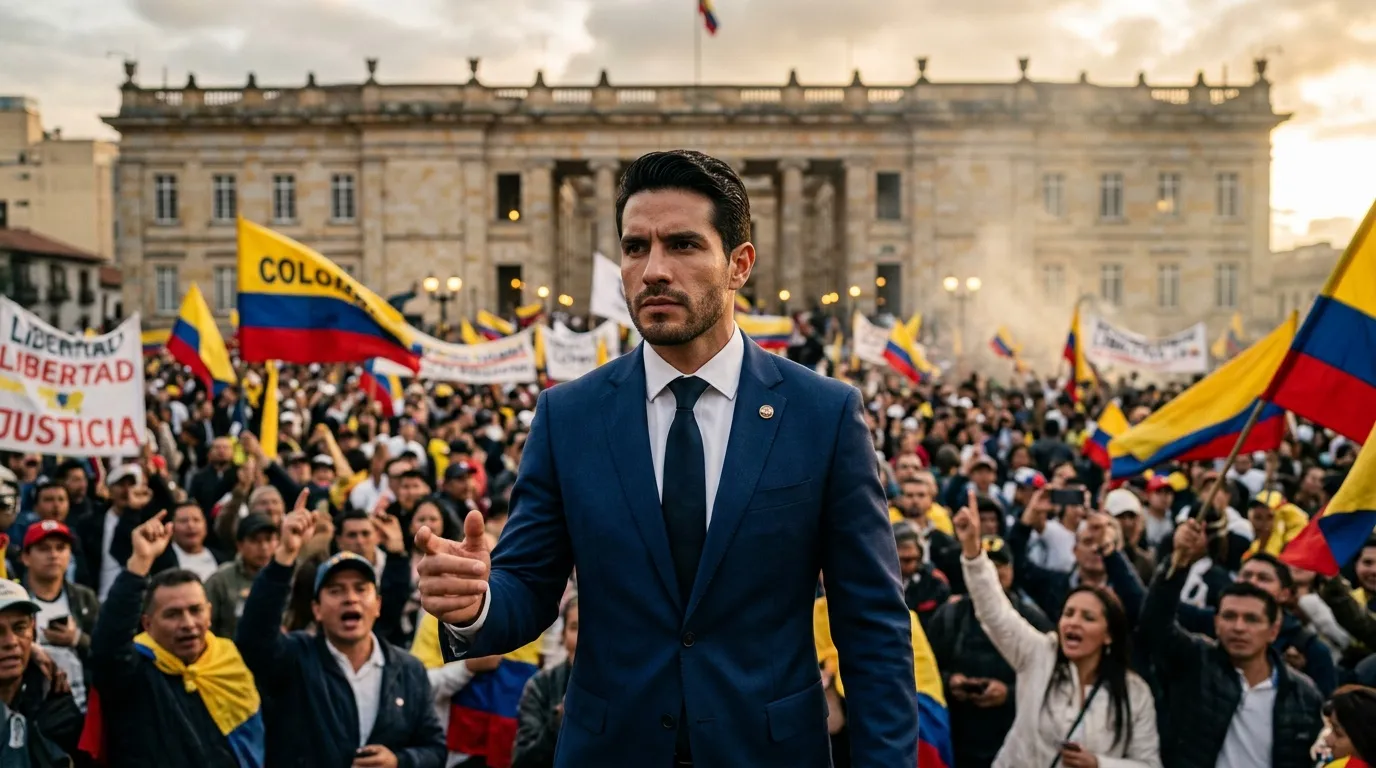 Hombre en traje azul ante multitud con banderas colombianas