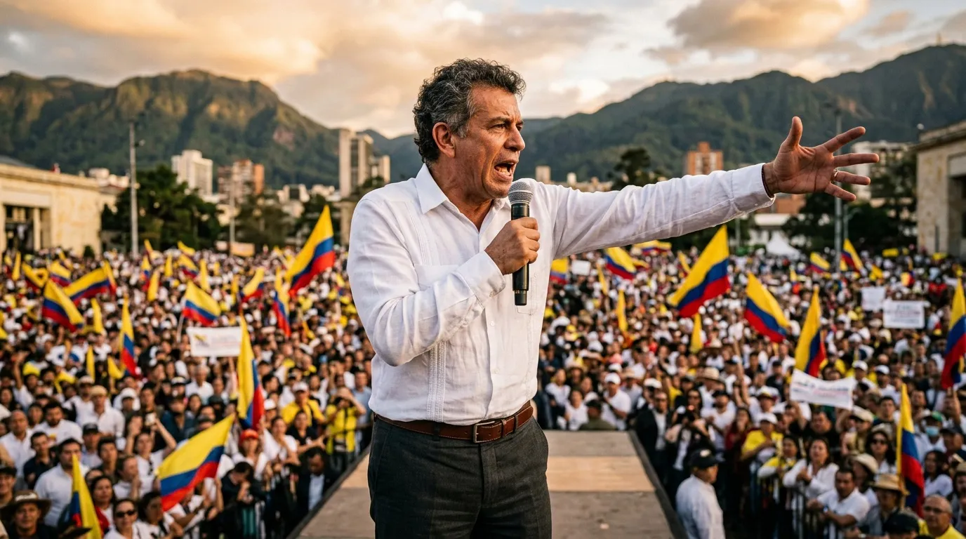 Hombre en camisa blanca dirigiéndose a multitud con banderas colombianas