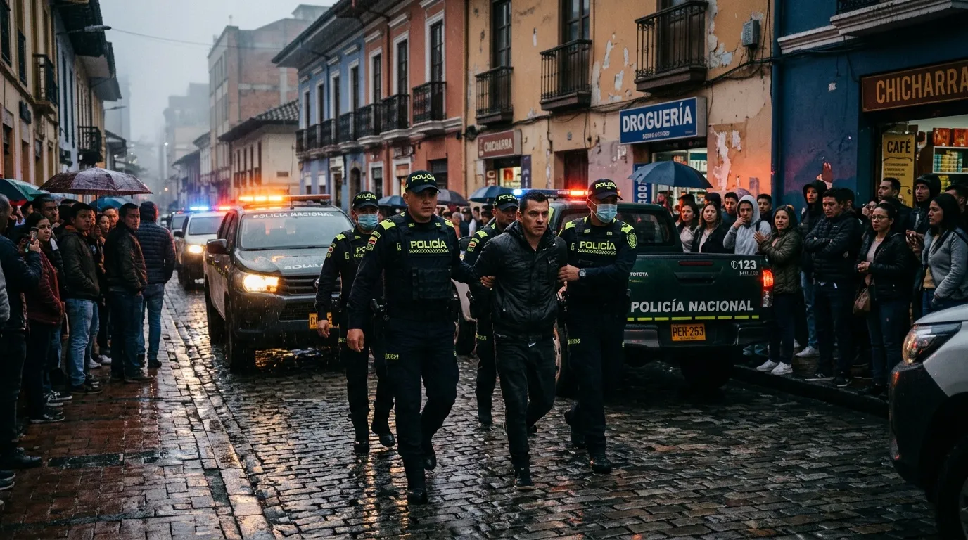PolicÃa Nacional escoltando a persona en calle colonial mojada