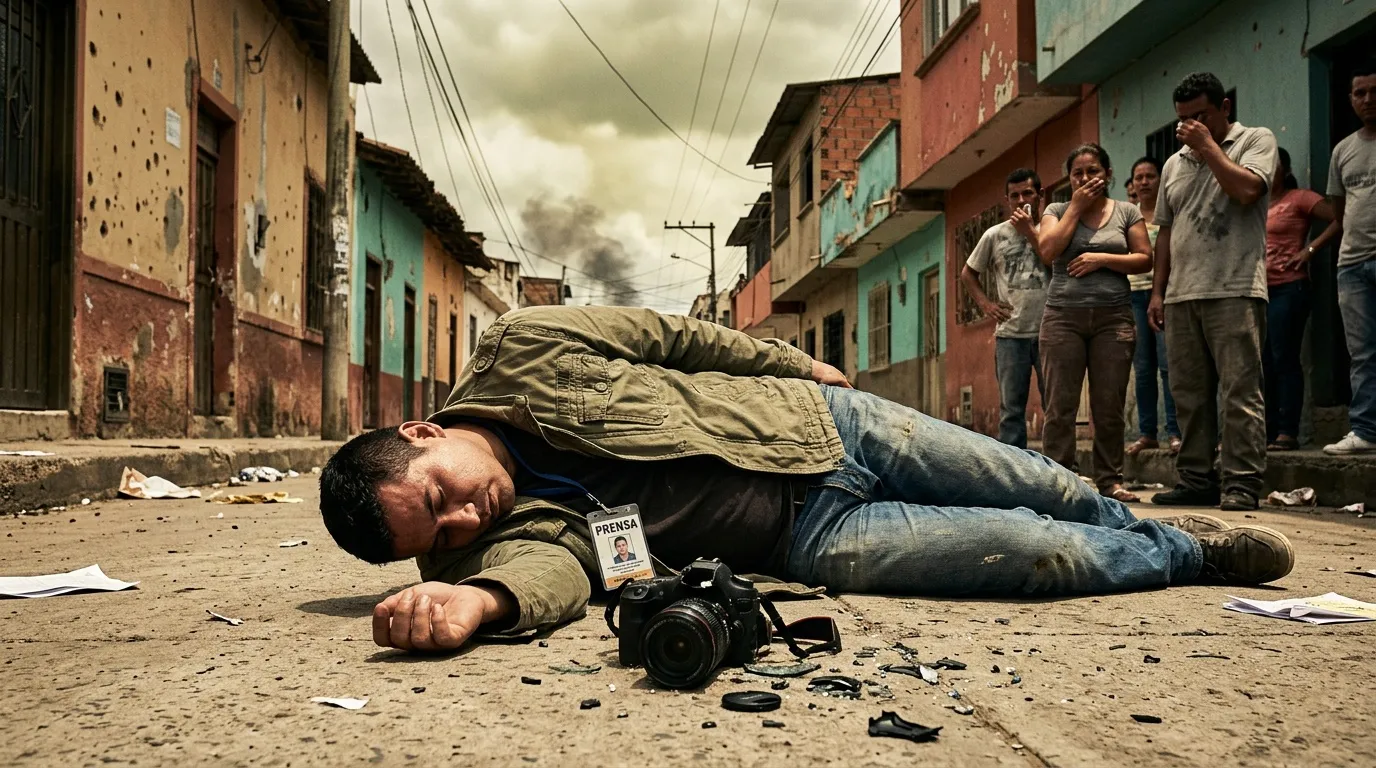 Periodista tendido en calle con cámara, personas observan