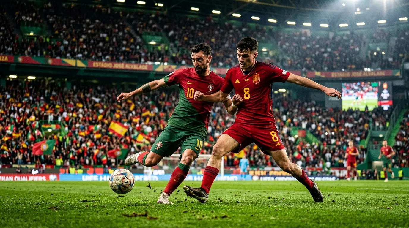 Jugadores de Portugal y España compiten por el balón en estadio