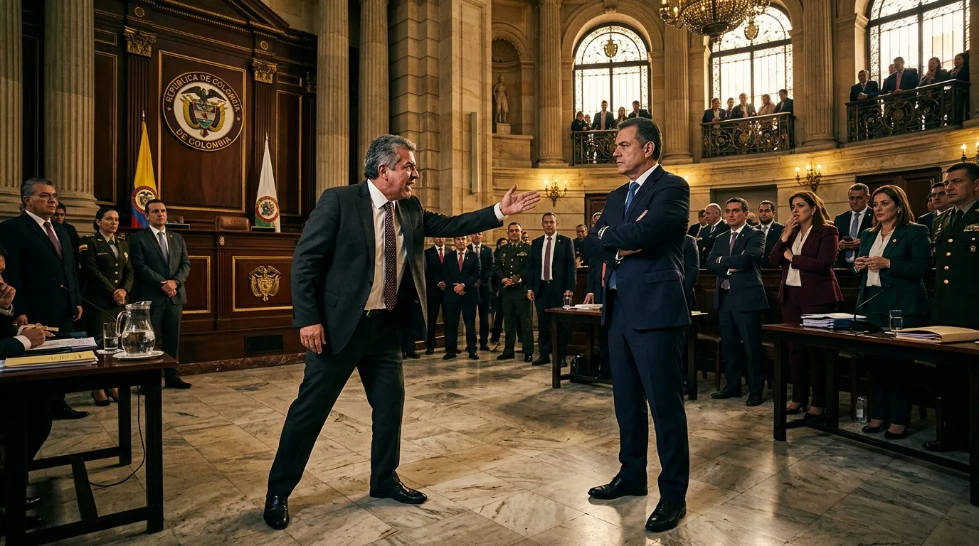 Dos funcionarios conversan en solemne ceremonia oficial colombiana.