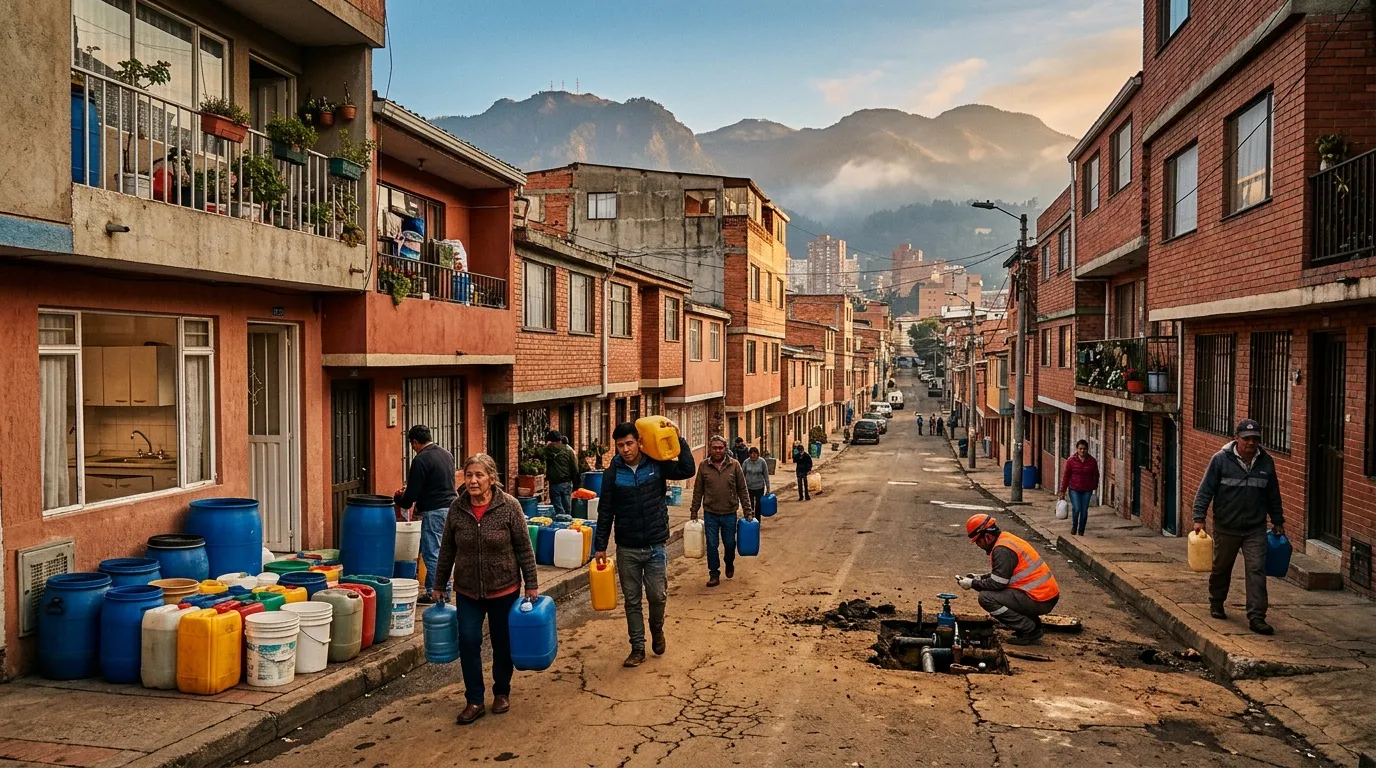 Calle de barrio popular con casas de ladrillo y montañas al fondo