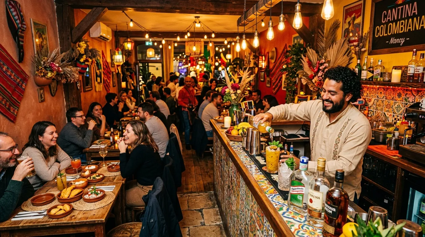 Cantinero sonriente sirve bebidas en cantina colombiana llena.