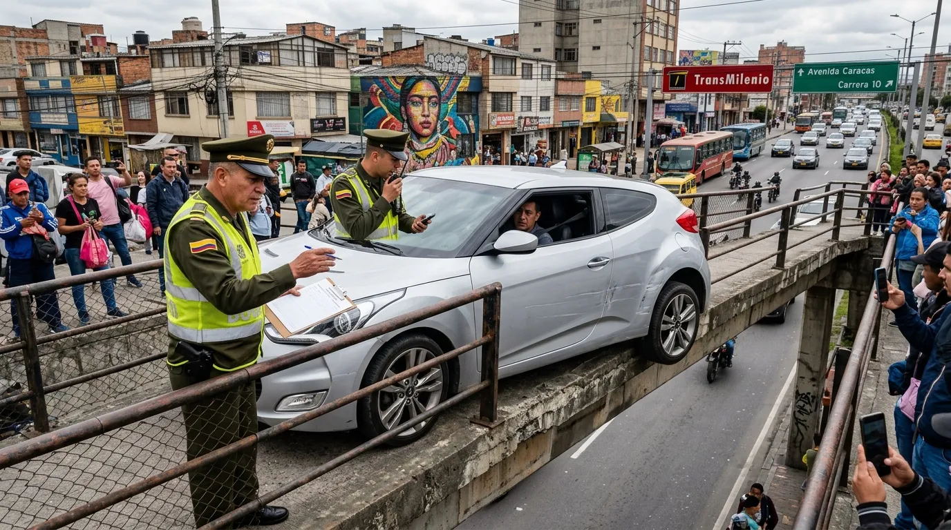 Policía de tránsito inspecciona vehículo en carretera colombiana