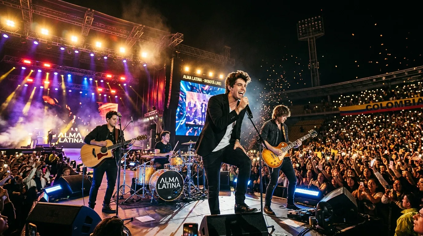 Banda en vivo tocando en estadio lleno de espectadores.
