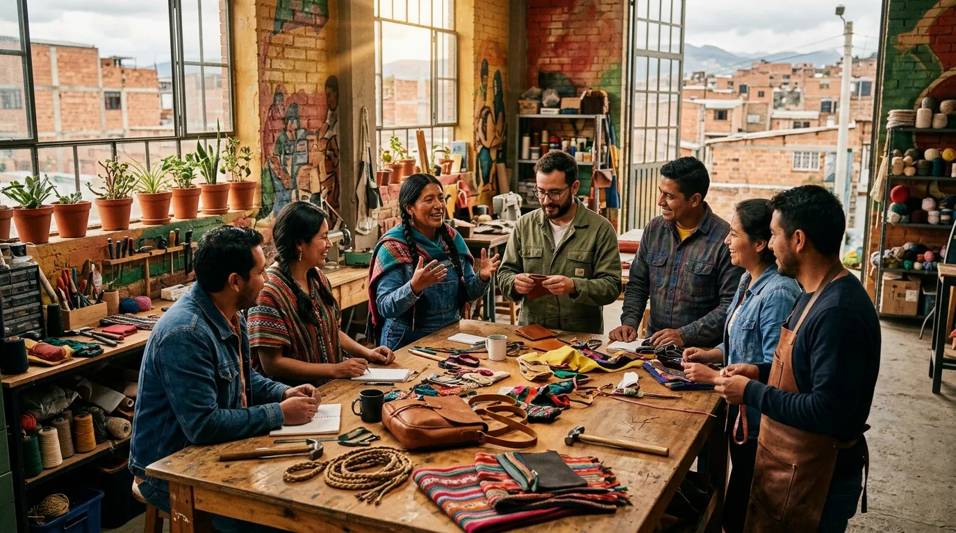 Grupo de artesanos trabajando con textiles y cuero en taller.