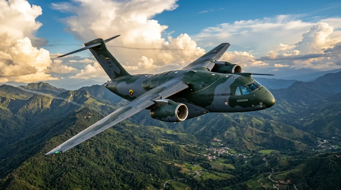 Avión militar verde de la Fuerza Aérea Colombiana volando sobre montañas