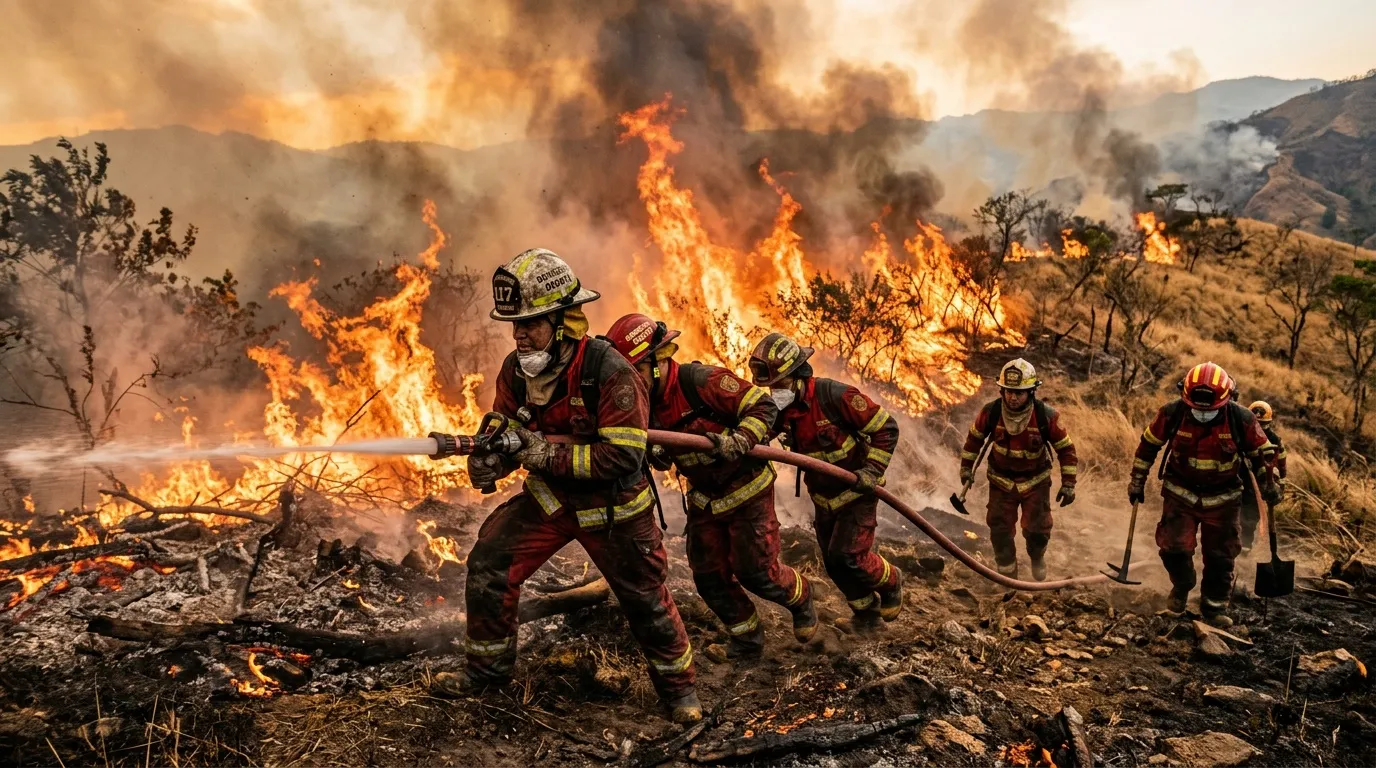 Equipo de bomberos combate fuego en montaña con manguera
