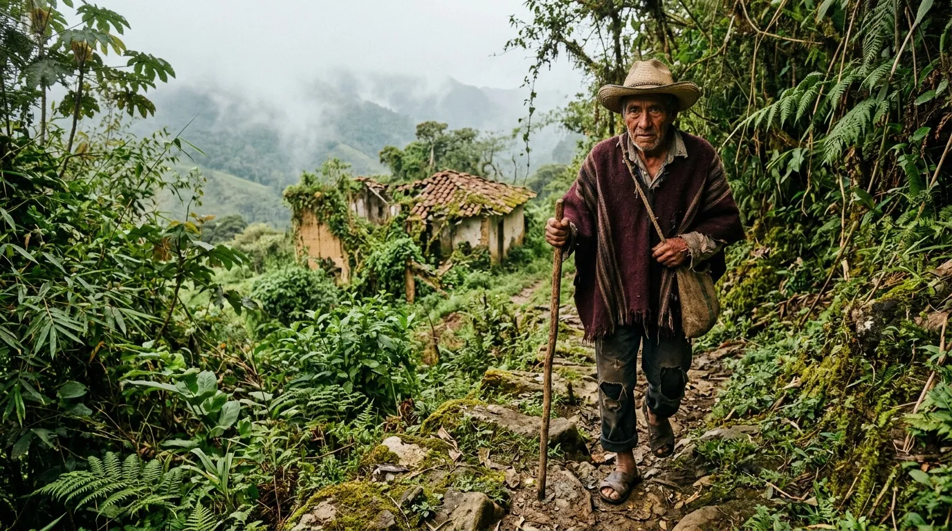 Hombre mayor caminando por sendero montañoso con viviendas rurales