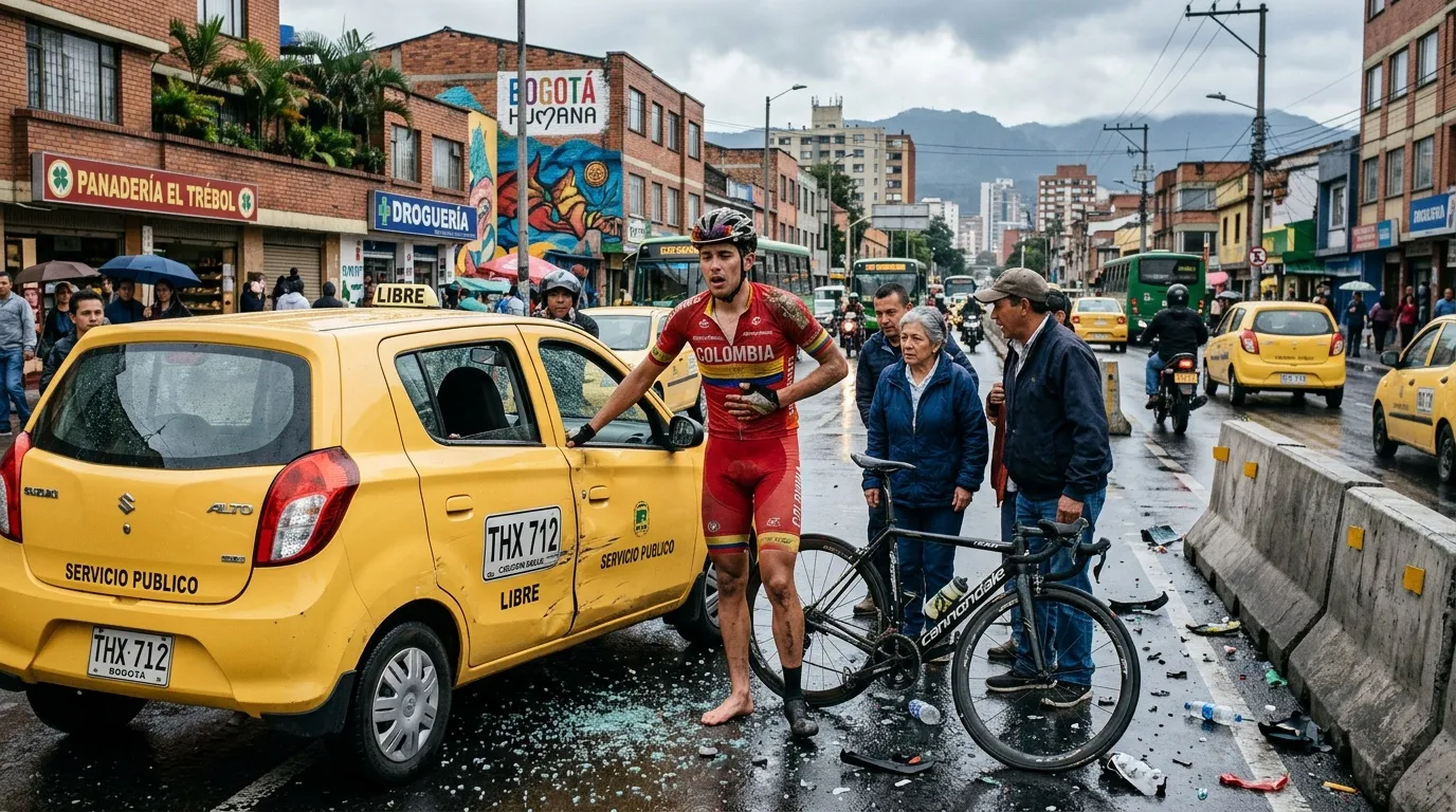 Ciclista en ropa de Colombia junto a taxi amarillo en Bogotá