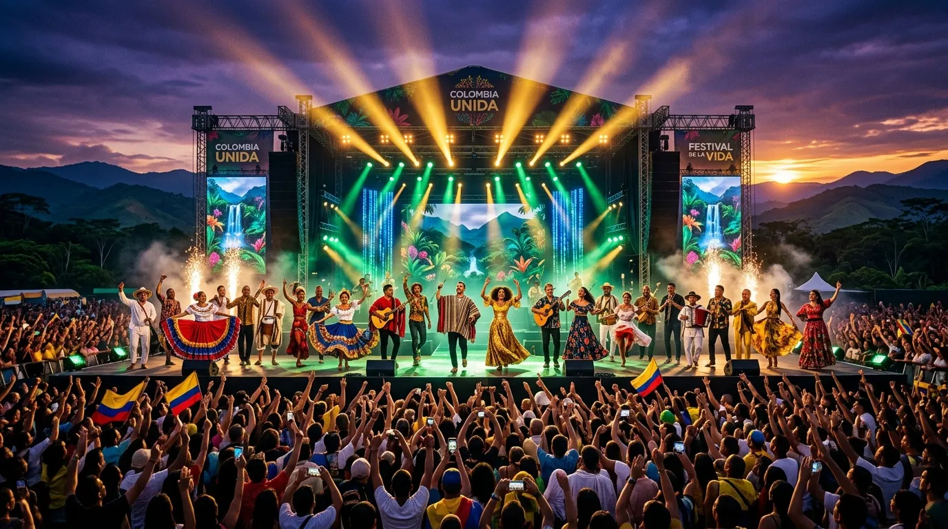 Festival colombiano con músicos, público y banderas nacionales