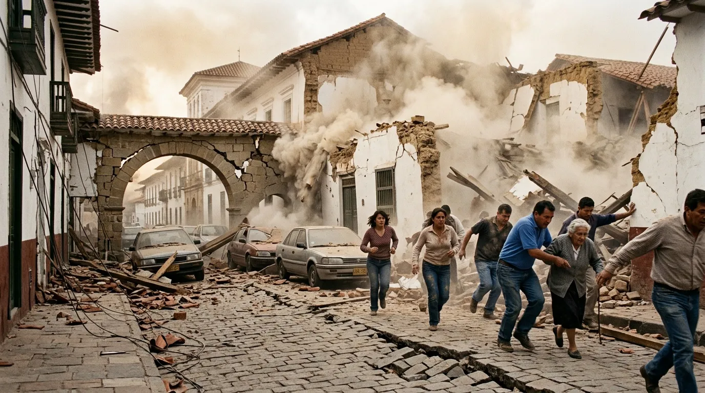 Personas huyen entre ruinas y polvo de edificios derrumbados.